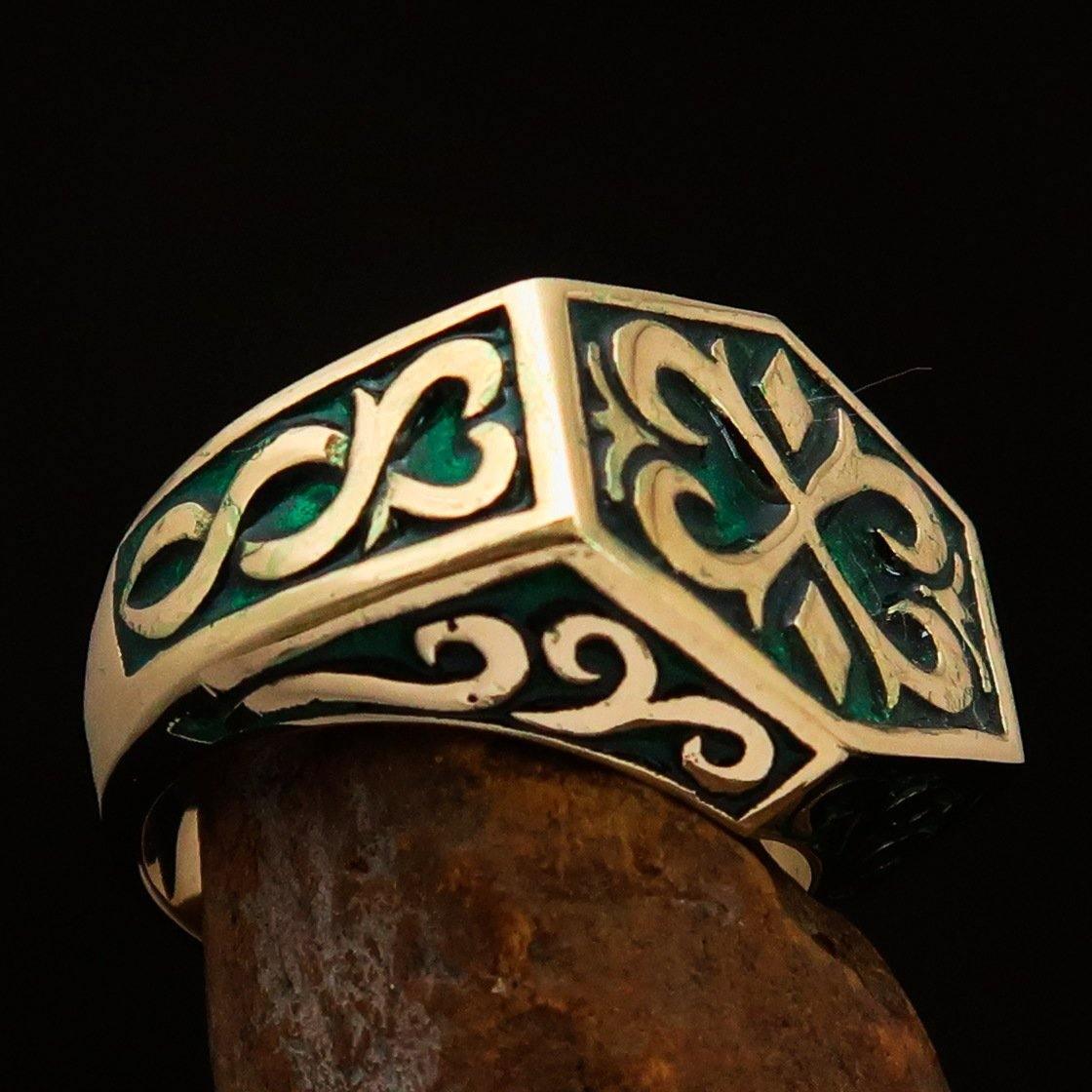 Excellent crafted Men's Medieval Ring Green Oriental Crest Solid Brass - BikeRing4u