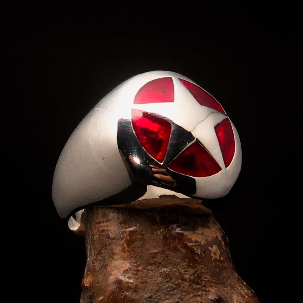 Excellent crafted Men's US Marshall Ring red Star - Sterling Silver - BikeRing4u