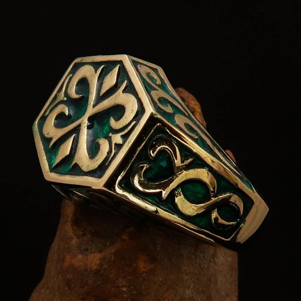 Excellent crafted Men's Medieval Ring Green Oriental Crest Solid Brass - BikeRing4u