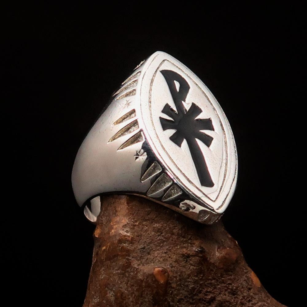 Ancient Men's Christian Monogram Cross Ring black Chi Rho XP - Sterling Silver - BikeRing4u