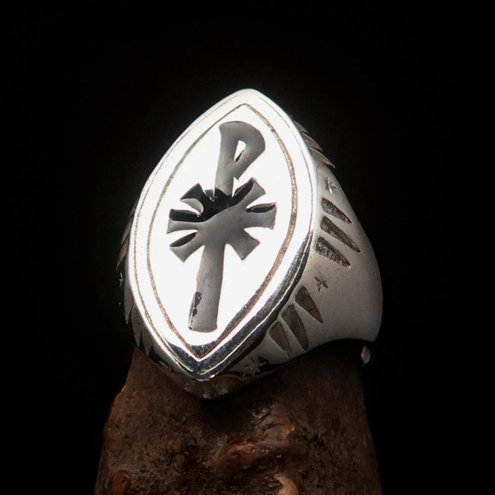 Ancient Men's Christian Monogram Cross Ring black Chi Rho XP - Sterling Silver - BikeRing4u