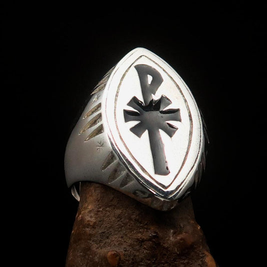 Ancient Men's Christian Monogram Cross Ring black Chi Rho XP - Sterling Silver - BikeRing4u