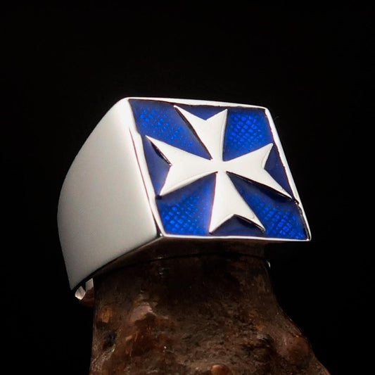Perfectly crafted Men's Biker Ring Maltese Cross Blue - Sterling Silver - BikeRing4u