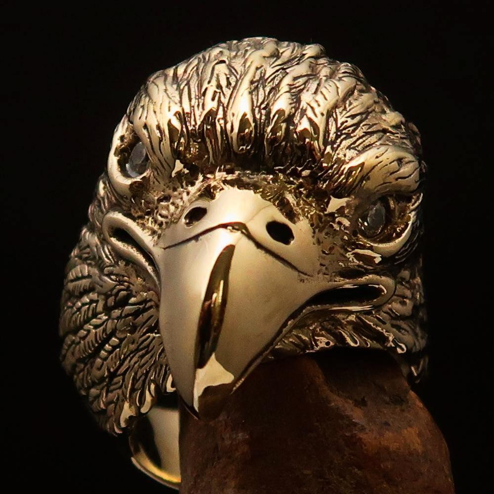 Excellent crafted Men's Biker Ring Eagle Head white CZ - Solid Brass - BikeRing4u