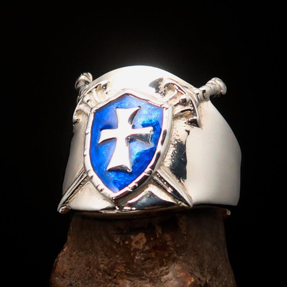 Crossed Swords Men's blue Knights Templar Cross Ring - Sterling Silver - BikeRing4u