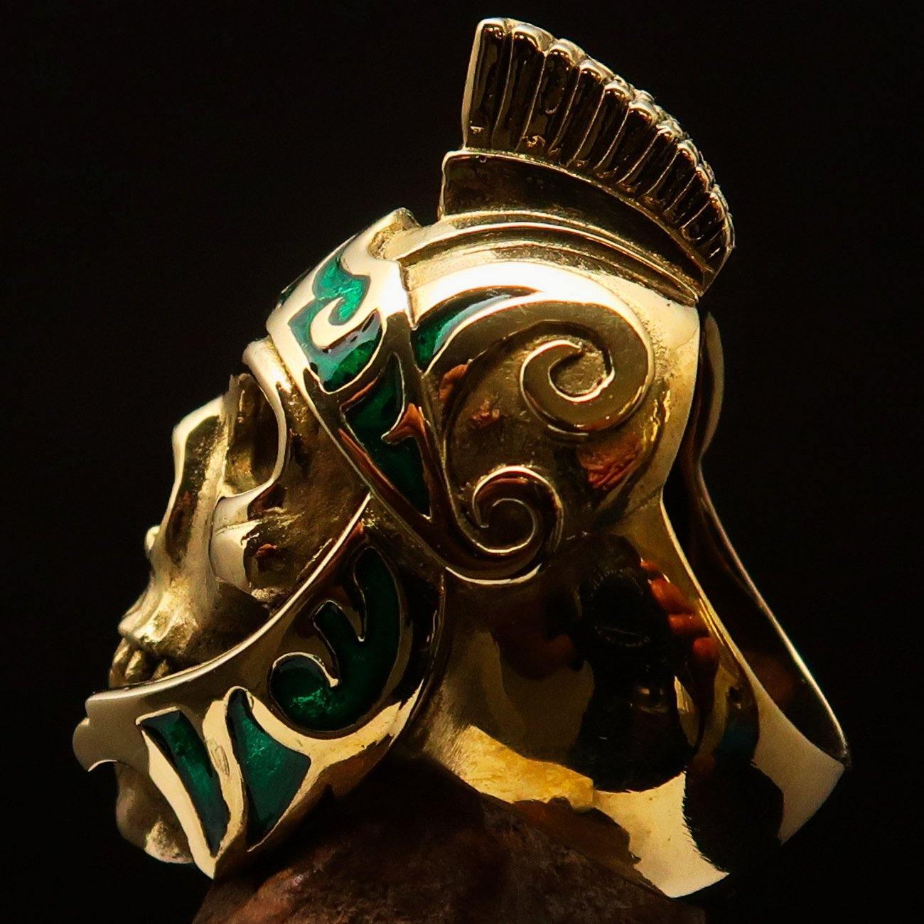 Excellent crafted Men's Skull Biker Ring Roman Centurion Green - Solid Brass - BikeRing4u