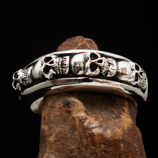 Men's Sterling Silver Band Ring 4 small Skulls - BikeRing4u
