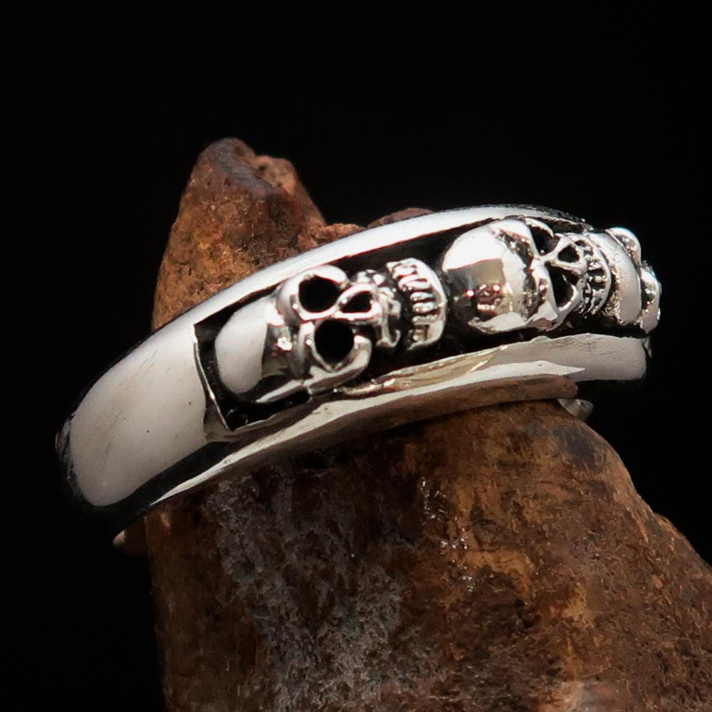 Men's Sterling Silver Band Ring 4 small Skulls - BikeRing4u