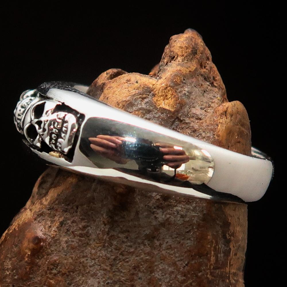 Men's Sterling Silver Band Ring 4 small Skulls - BikeRing4u