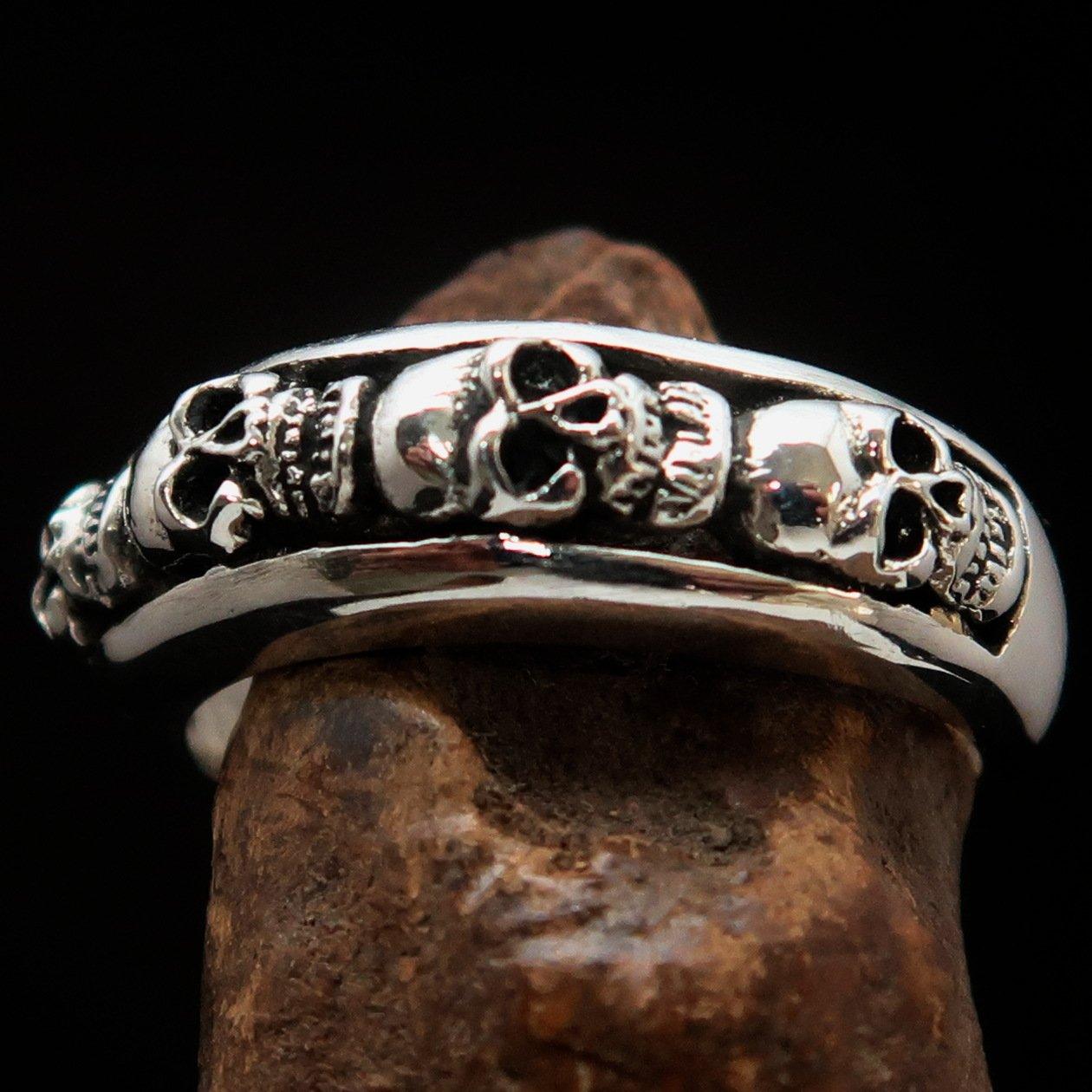 Men's Sterling Silver Band Ring 4 small Skulls - BikeRing4u