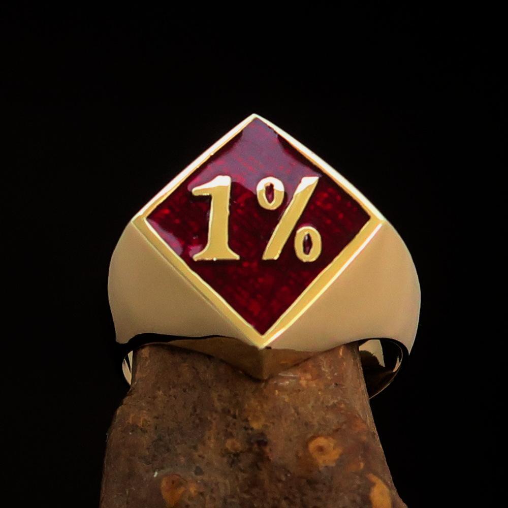 Men's Brass Biker Ring Diamond shaped 1% Percent Outlaw Symbol Red - BikeRing4u