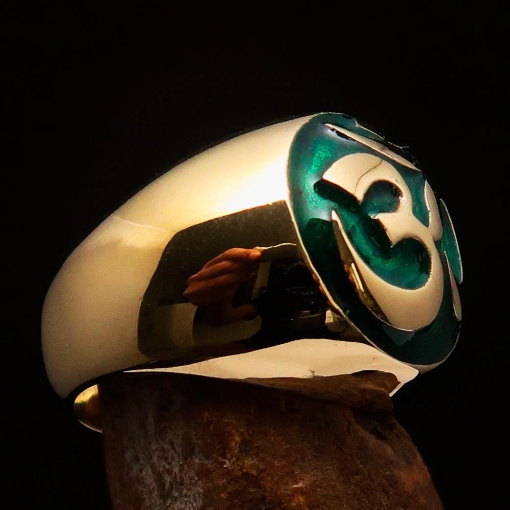 Nicely crafted domed Men's Buddhist Ring Green Aum Symbol - Solid Brass - BikeRing4u