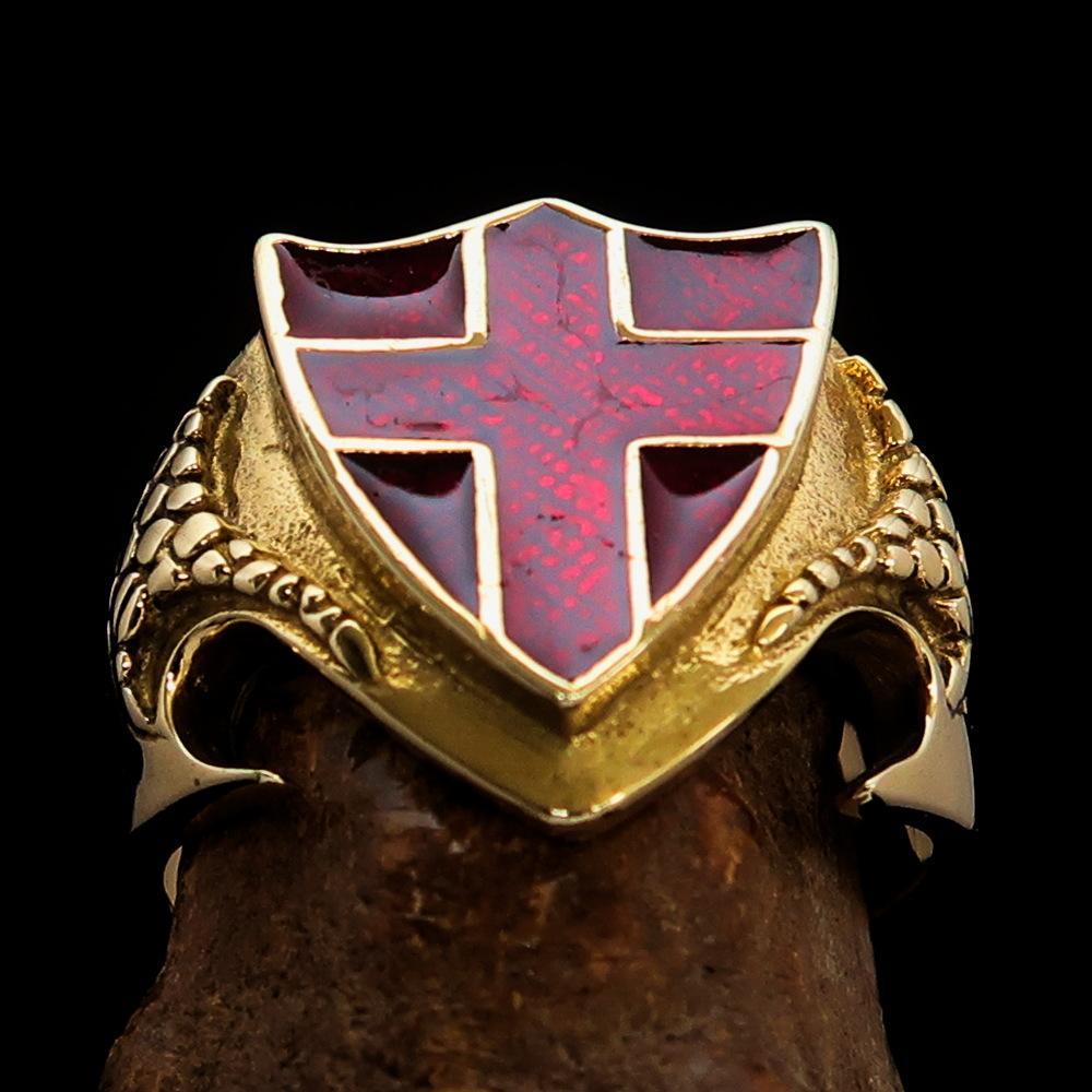 Men's Brass Shield Ring Flag of England Red Cross on Red - BikeRing4u