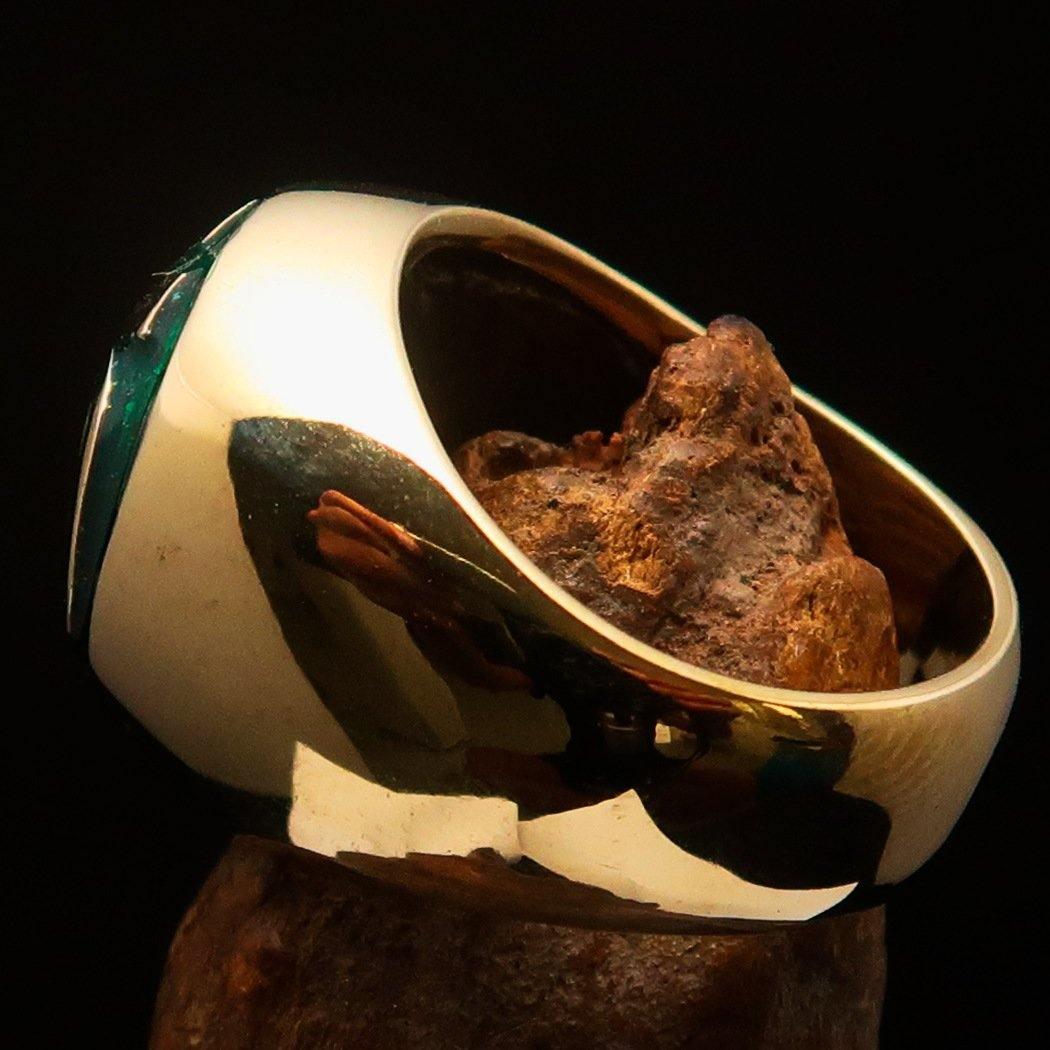 Nicely crafted domed Men's Buddhist Ring Green Aum Symbol - Solid Brass - BikeRing4u