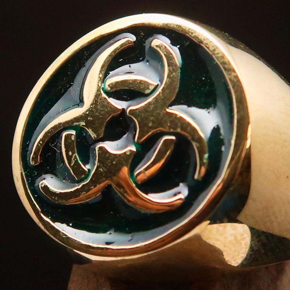 Nicely crafted Men's Bio Hazard Ring green Toxic Waste Symbol - Solid Brass - BikeRing4u