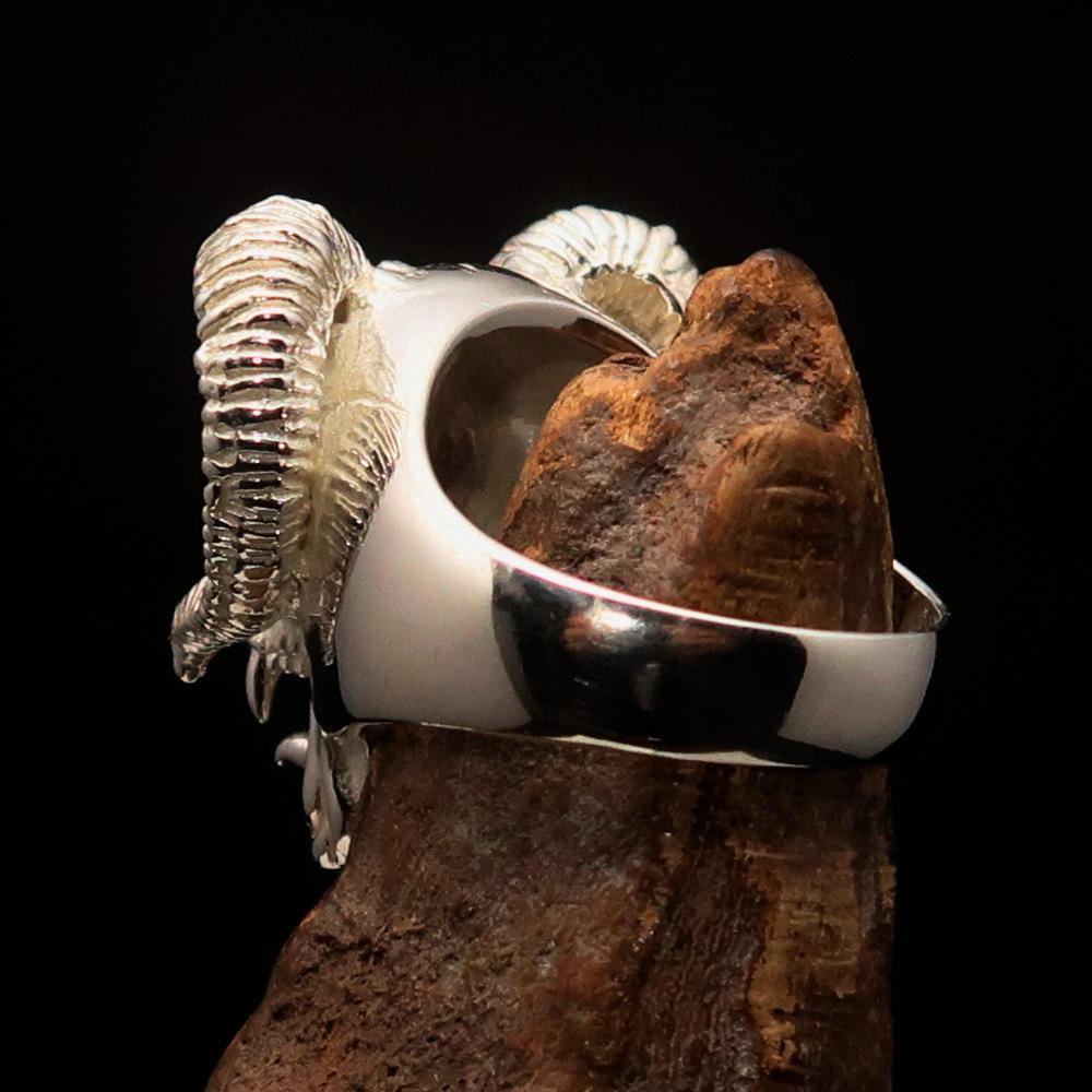 Excellent crafted Men's blue 1% Ram Skull Outlaw Ring - Sterling Silver - BikeRing4u