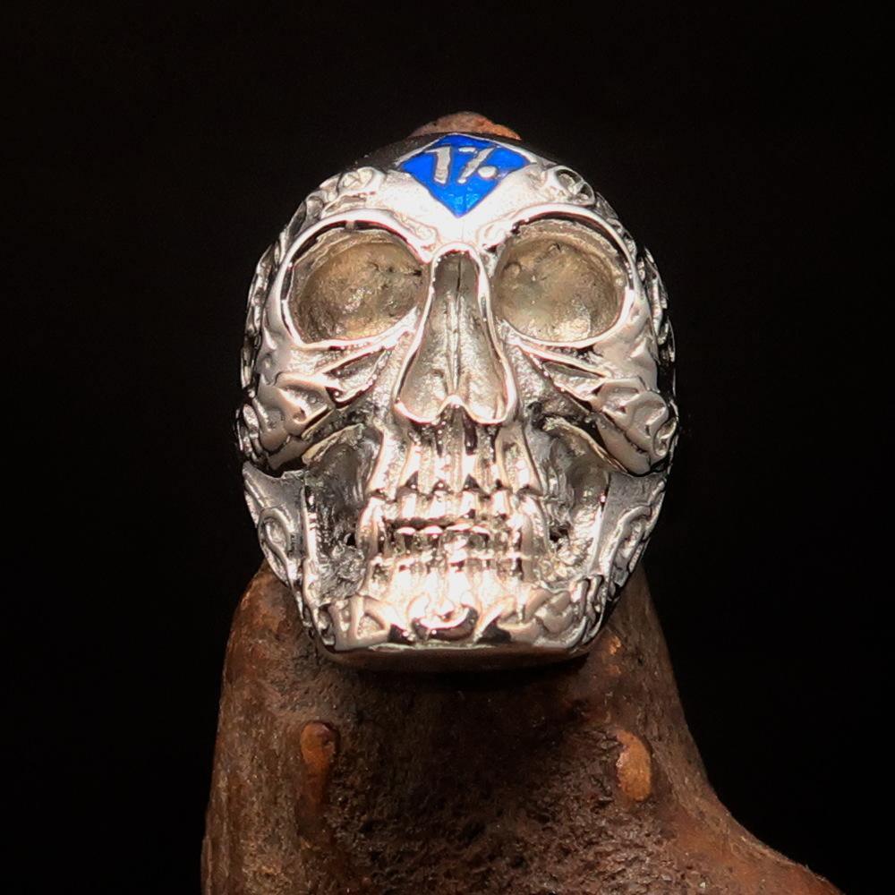 Excellent crafted Men's blue 1% Runes Skull Outlaw Ring - Sterling Silver - BikeRing4u