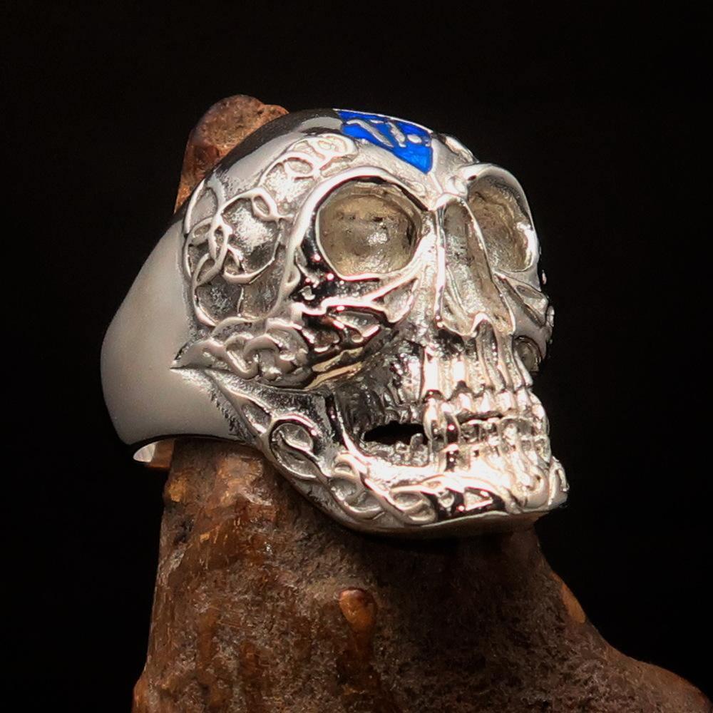 Excellent crafted Men's blue 1% Runes Skull Outlaw Ring - Sterling Silver - BikeRing4u