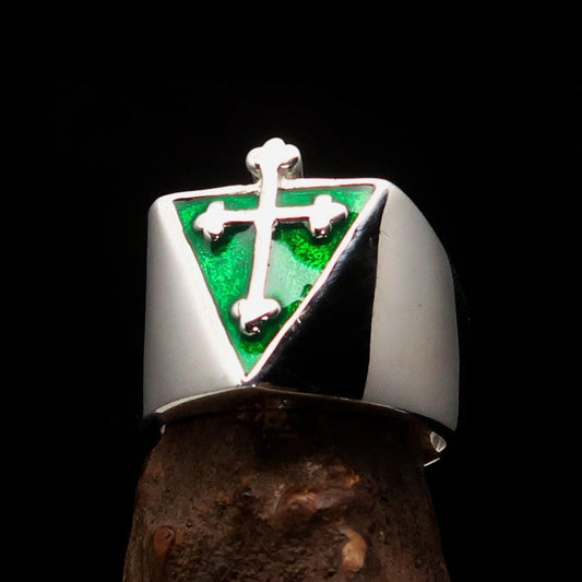 Excellent crafted Men's Green Coptic Cross Ring - Sterling Silver - BikeRing4u