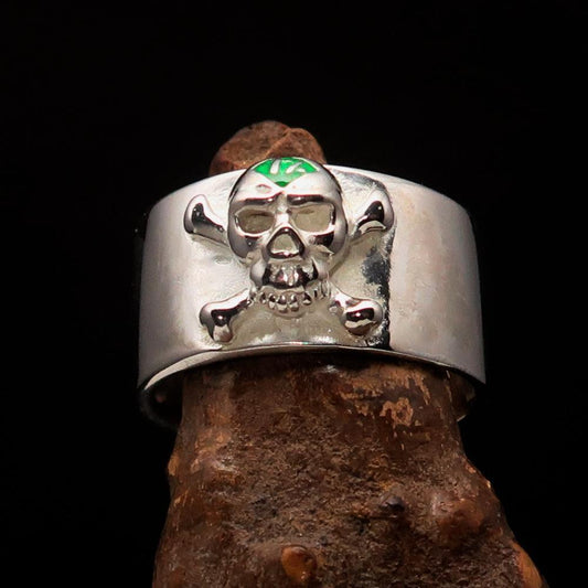 Excellent crafted Outlaw green 1% Jolly Roger Skull Band Ring - Sterling Silver - BikeRing4u