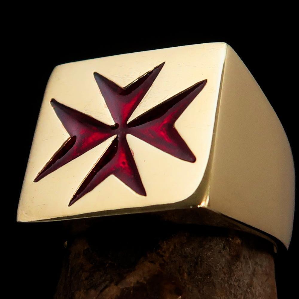 Nicely crafted Men's Knight Ring Maltese Red Cross - Solid Brass - BikeRing4u