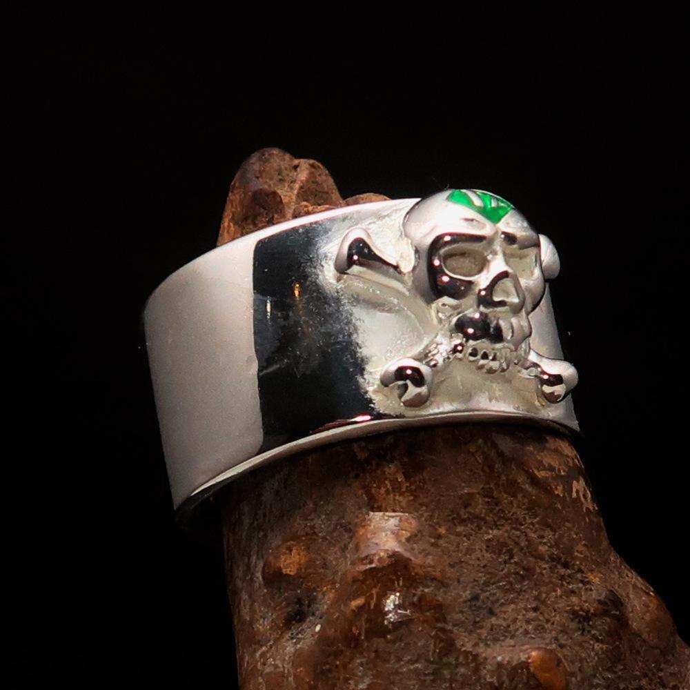 Excellent crafted Outlaw green 1% Jolly Roger Skull Band Ring - Sterling Silver - BikeRing4u