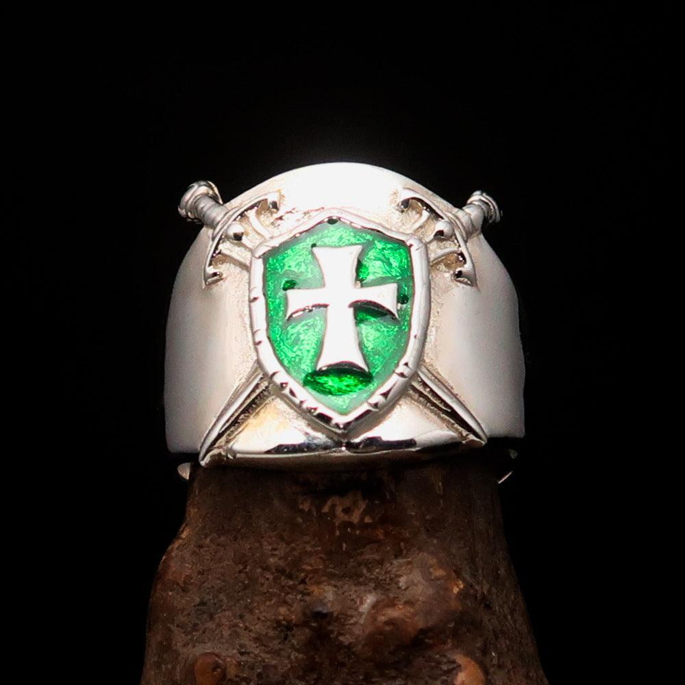 Crossed Swords Men's green Knights Templar Cross Ring - Sterling Silver - BikeRing4u