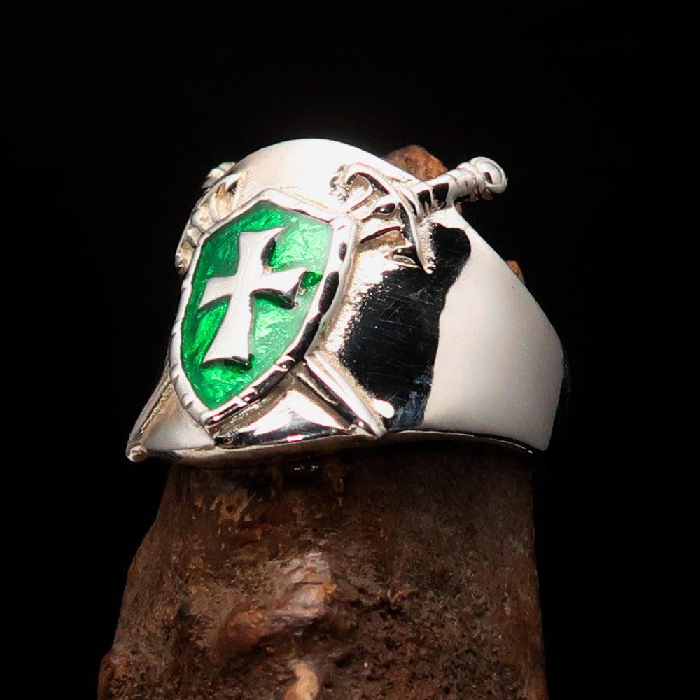 Crossed Swords Men's green Knights Templar Cross Ring - Sterling Silver - BikeRing4u