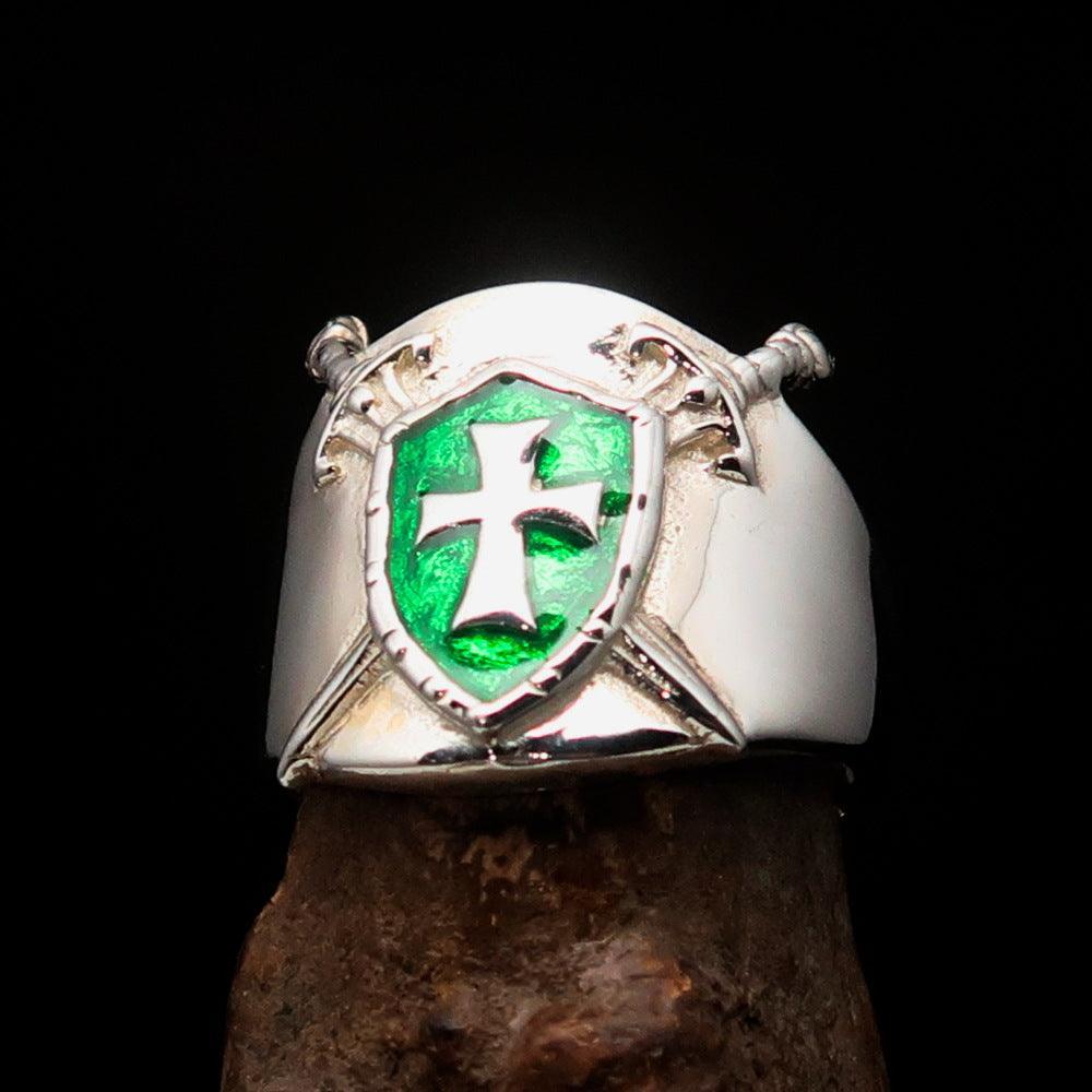 Crossed Swords Men's green Knights Templar Cross Ring - Sterling Silver - BikeRing4u
