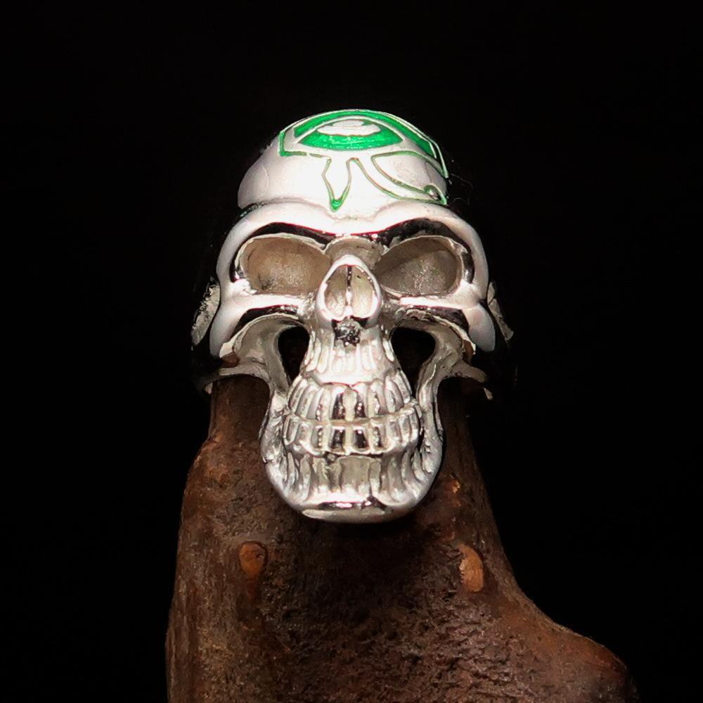 Excellent crafted Men's Skull Ring Green Eye of Ra - Sterling Silver - BikeRing4u