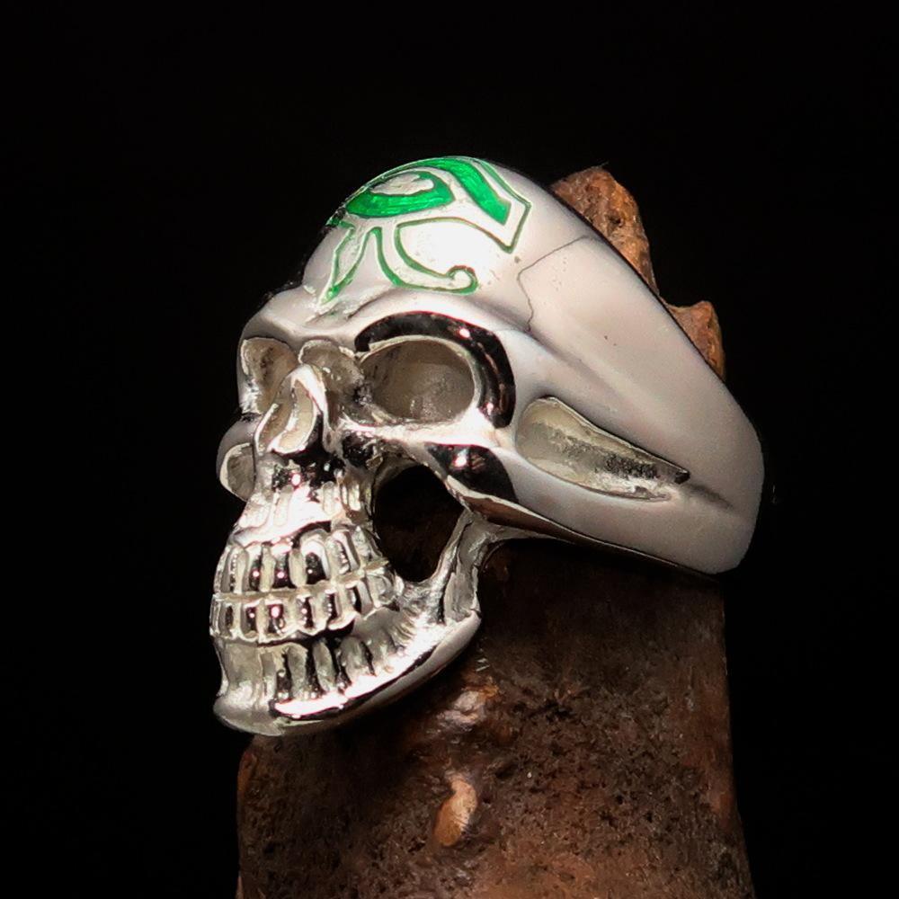 Excellent crafted Men's Skull Ring Green Eye of Ra - Sterling Silver - BikeRing4u