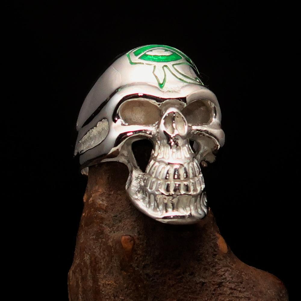Excellent crafted Men's Skull Ring Green Eye of Ra - Sterling Silver - BikeRing4u