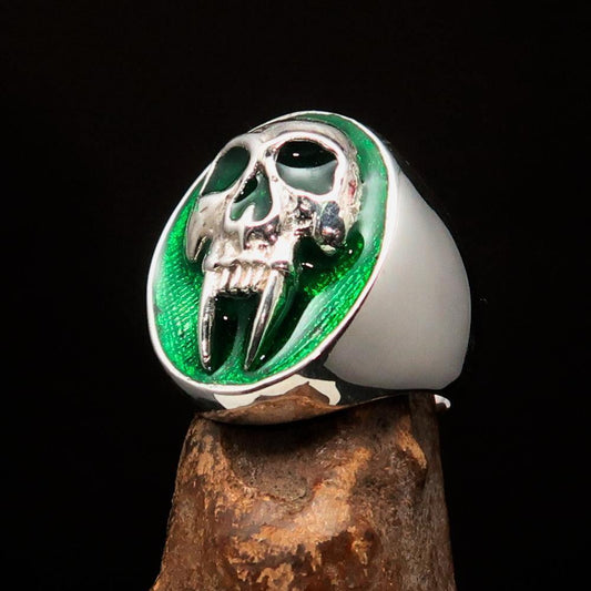 Excellent crafted oval Men's green Vampire Skull Ring - Sterling Silver - BikeRing4u