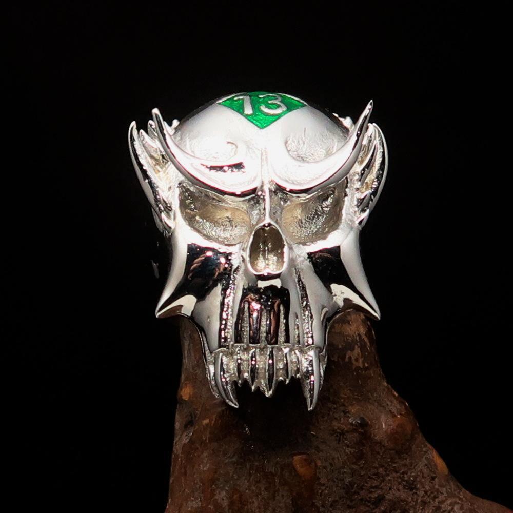 Excellent crafted Men's Vampire Skull Ring Green Diamond 13 - Sterling Silver - BikeRing4u