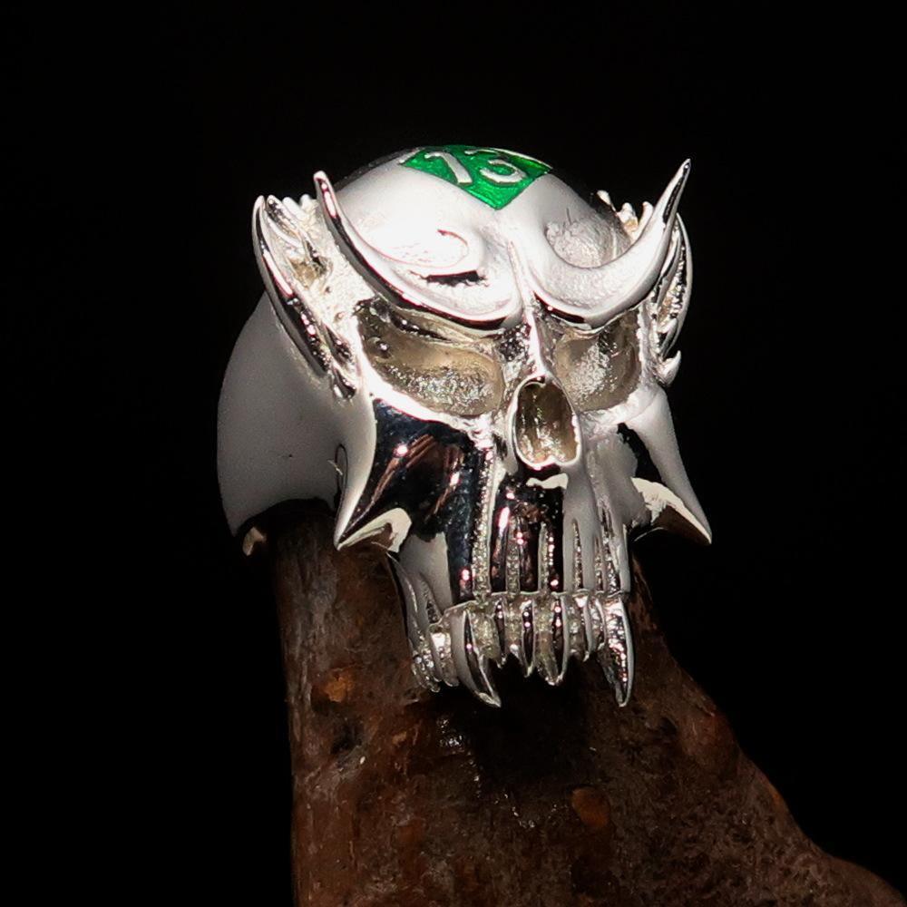 Excellent crafted Men's Vampire Skull Ring Green Diamond 13 - Sterling Silver - BikeRing4u