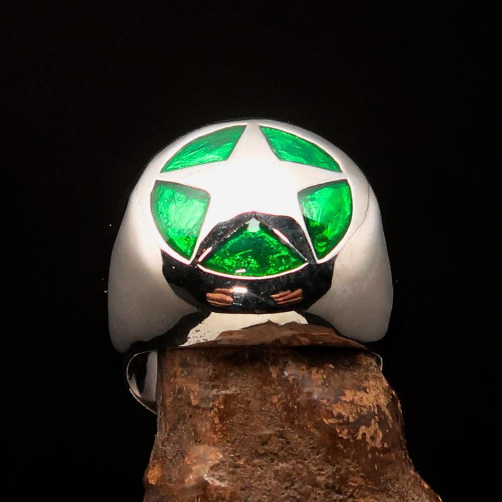 Excellent crafted Men's US Marshall Ring green Star - Sterling Silver - BikeRing4u