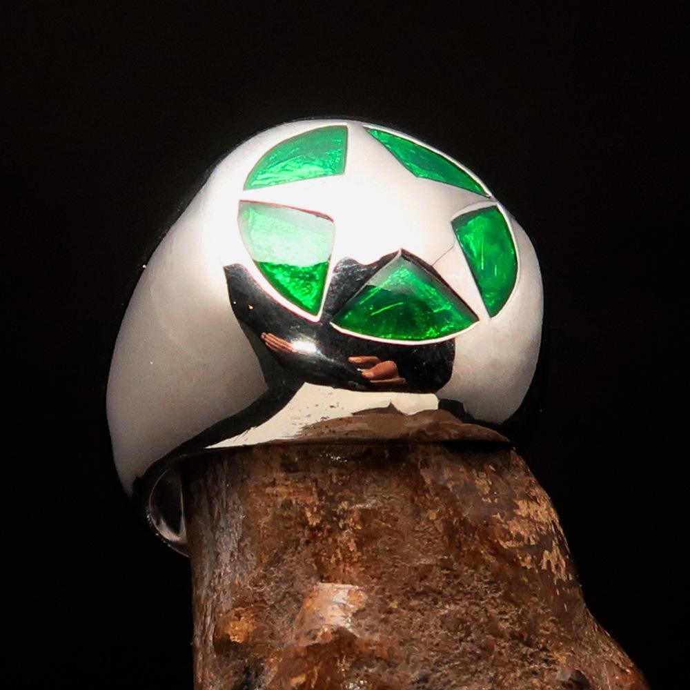 Excellent crafted Men's US Marshall Ring green Star - Sterling Silver - BikeRing4u