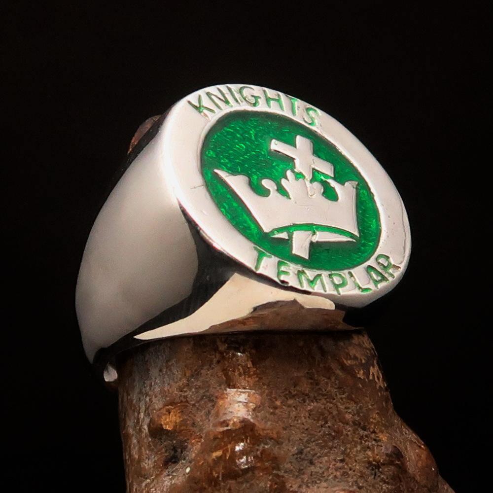 Excellent crafted Men's green Knights Templar Ring - Sterling Silver - BikeRing4u