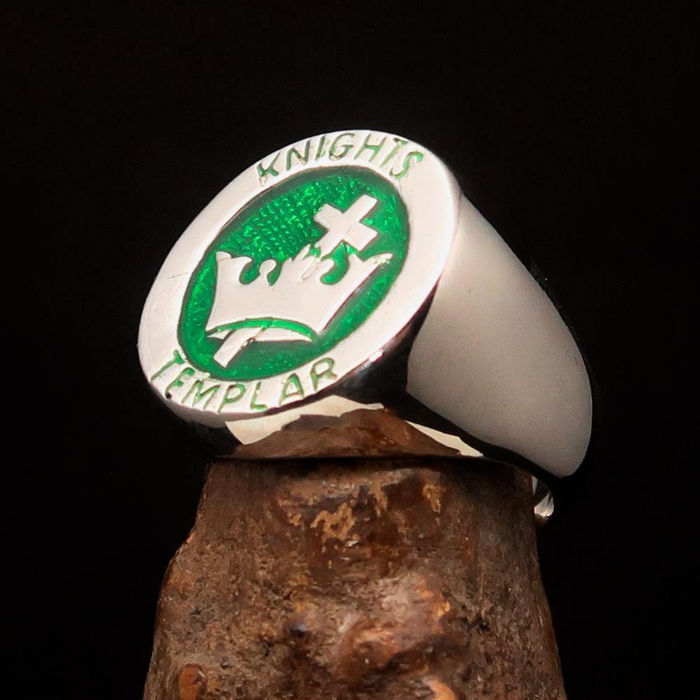 Excellent crafted Men's green Knights Templar Ring - Sterling Silver - BikeRing4u