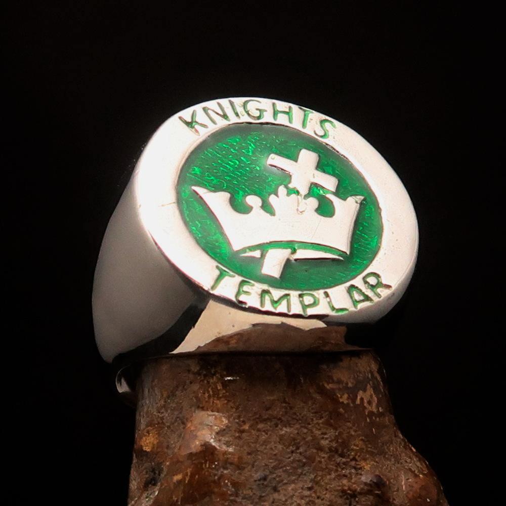 Excellent crafted Men's green Knights Templar Ring - Sterling Silver - BikeRing4u