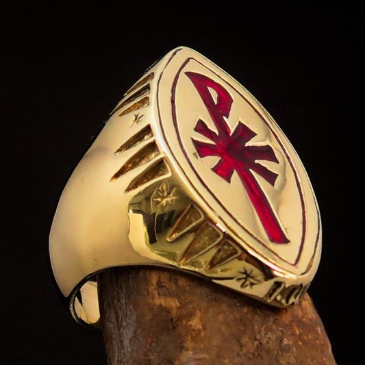 Ancient Christian Monogram Men's Cross Ring red Chi Rho XP - Solid Brass - BikeRing4u