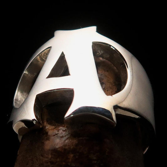 Mirror polished Men's Sterling Silver Initial Ring one bold Letter A - BikeRing4u