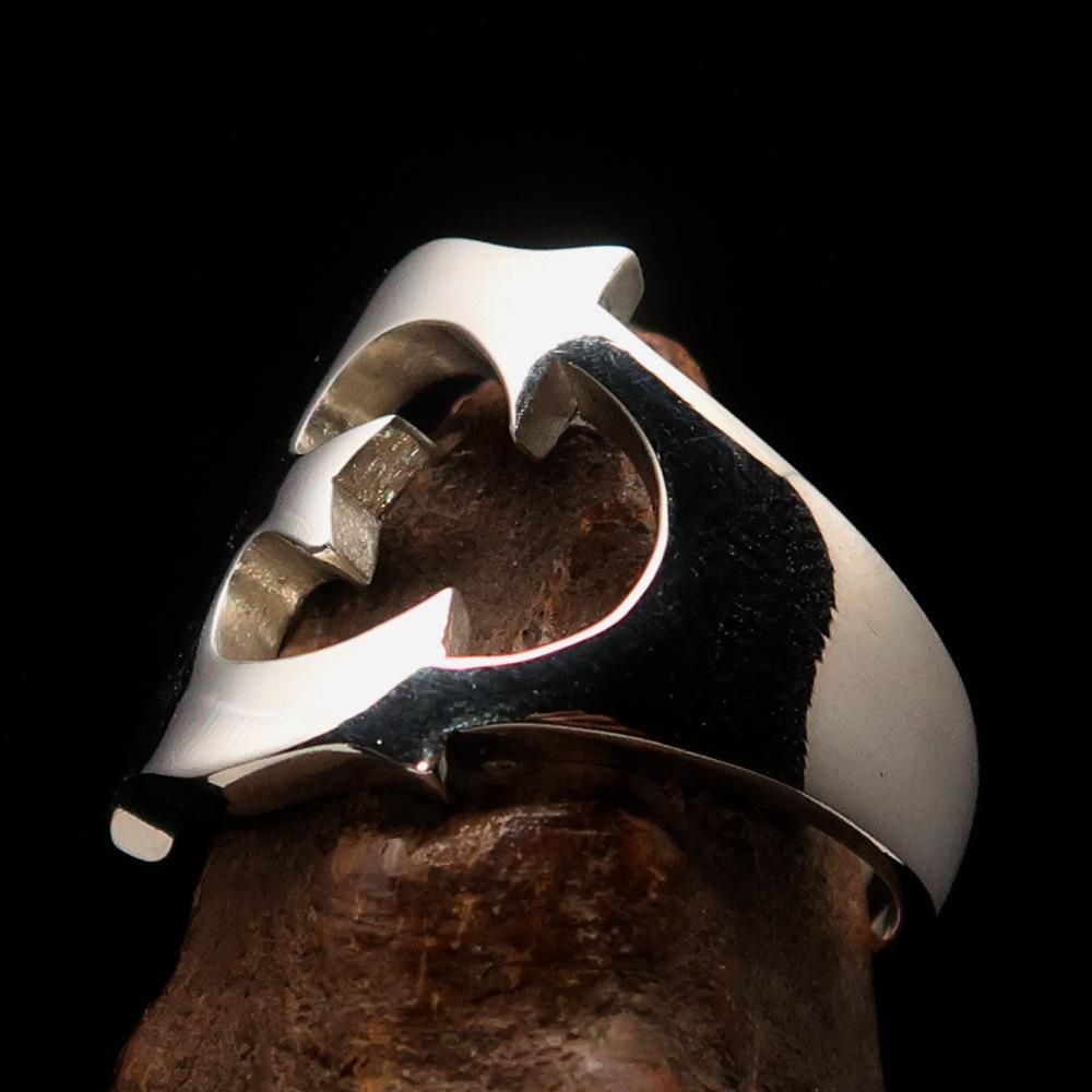 Mirror polished Men's Sterling Silver Initial Ring one bold Letter E - BikeRing4u