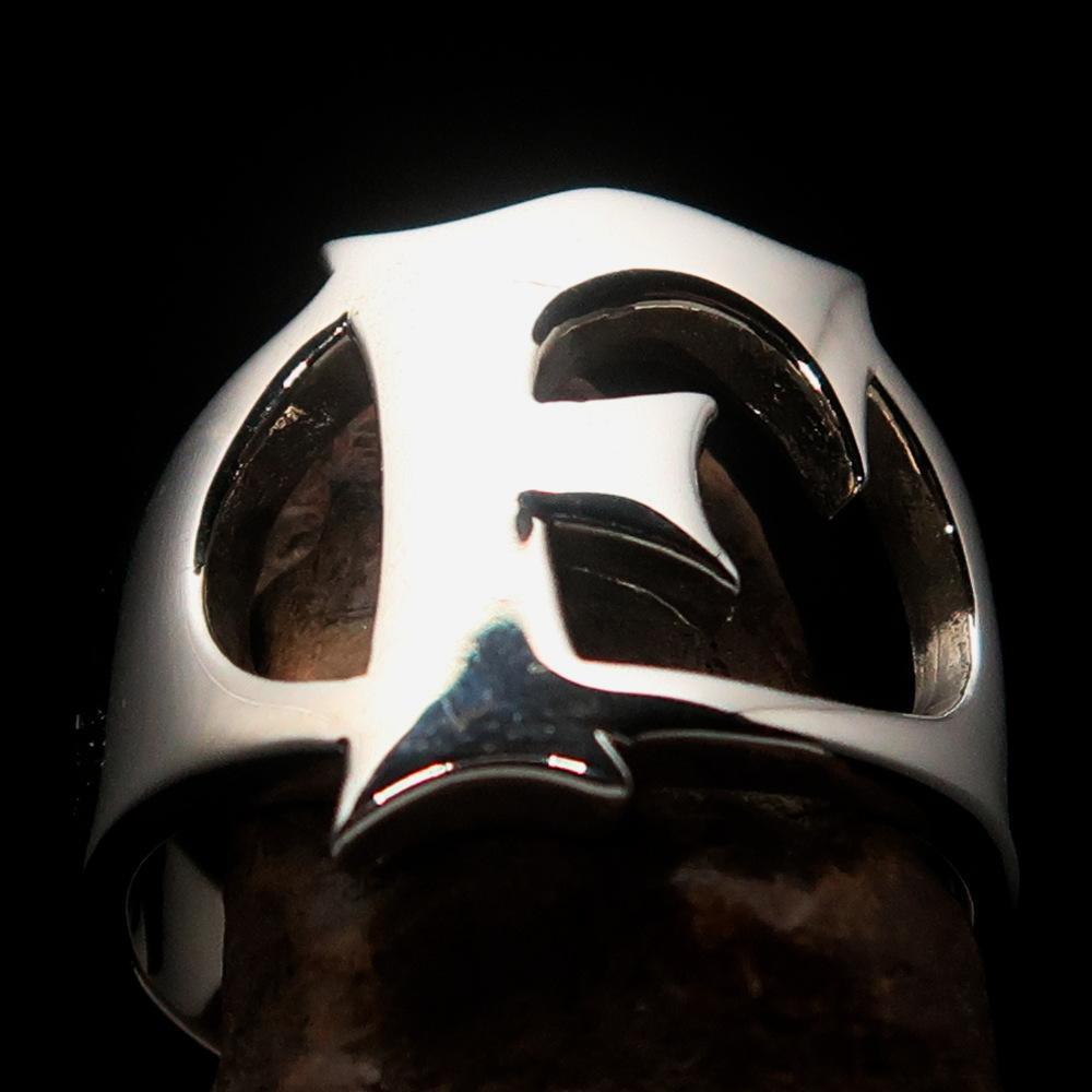 Mirror polished Men's Sterling Silver Initial Ring one bold Letter F - BikeRing4u