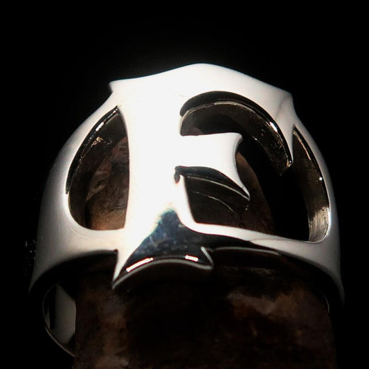 Mirror polished Men's Sterling Silver Initial Ring one bold Letter F - BikeRing4u