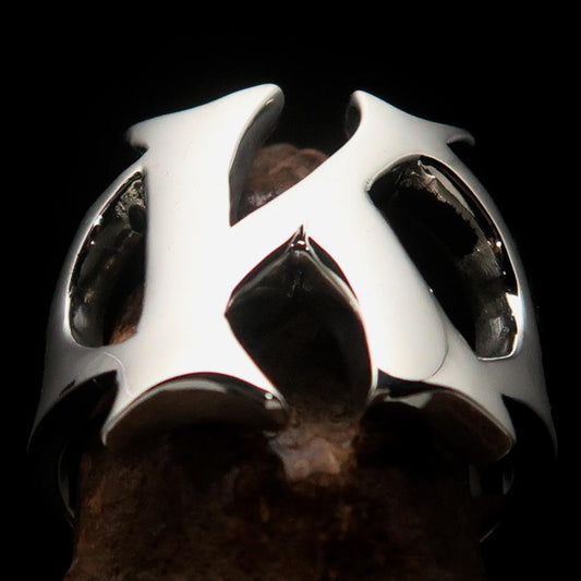 Mirror polished Men's Sterling Silver Initial Ring one bold Letter K - BikeRing4u