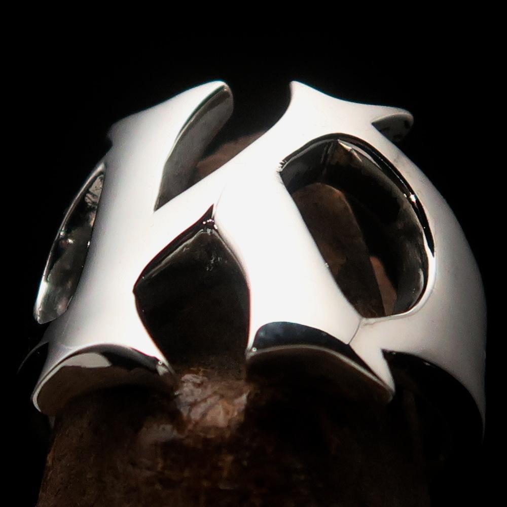 Mirror polished Men's Sterling Silver Initial Ring one bold Letter K - BikeRing4u