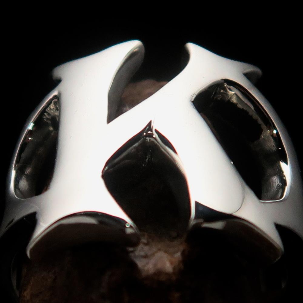 Mirror polished Men's Sterling Silver Initial Ring one bold Letter K - BikeRing4u