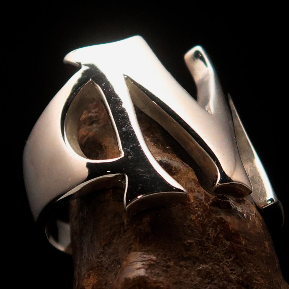 Mirror polished Men's Sterling Silver Initial Ring one bold Letter M - BikeRing4u