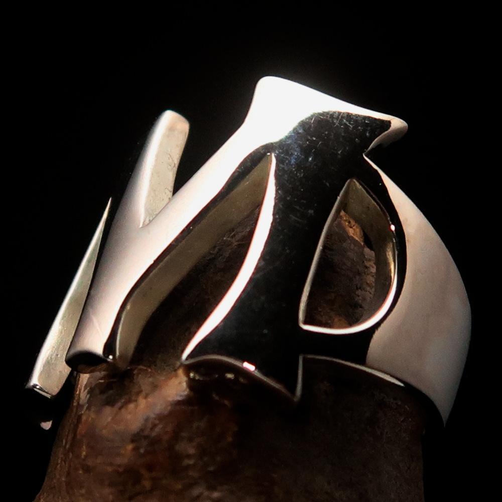 Mirror polished Men's Sterling Silver Initial Ring one bold Letter M - BikeRing4u